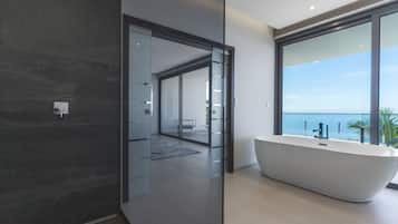 Shower, hair dryer, towels, toilet paper