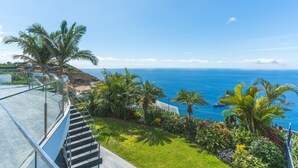 A coastal view from a balcony with a glass railing overlooking the sea and a garden with palm trees.