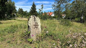 A large stone monument with a star symbol in a grassy field with houses in the background.