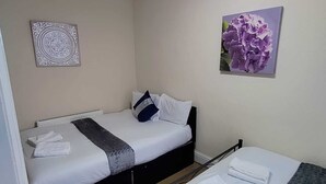 Une petite pièce propre, avec deux lits, un élément décoratif au mur et un radiateur.