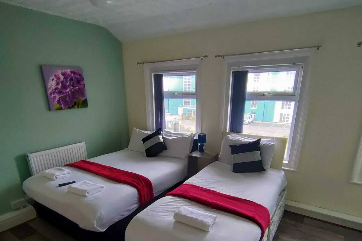 Une chambre avec deux lits, un radiateur, une fenêtre avec des rideaux et un tableau au mur.
