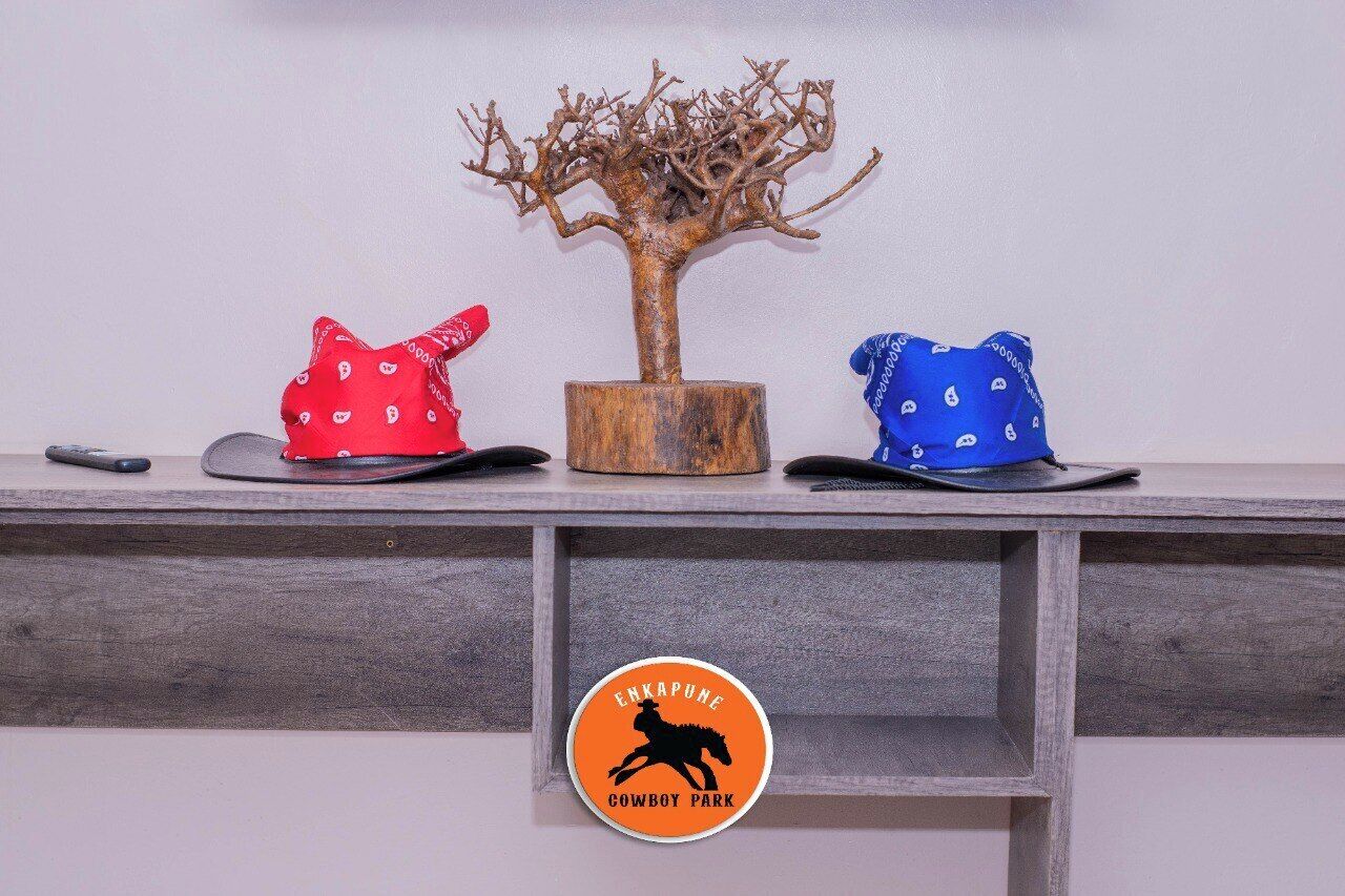 A shelf with two bandanas and a wooden tree sculpture.