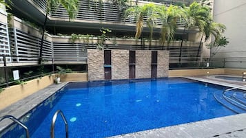 Outdoor pool, open 9:00 AM to 9:00 PM, sun loungers