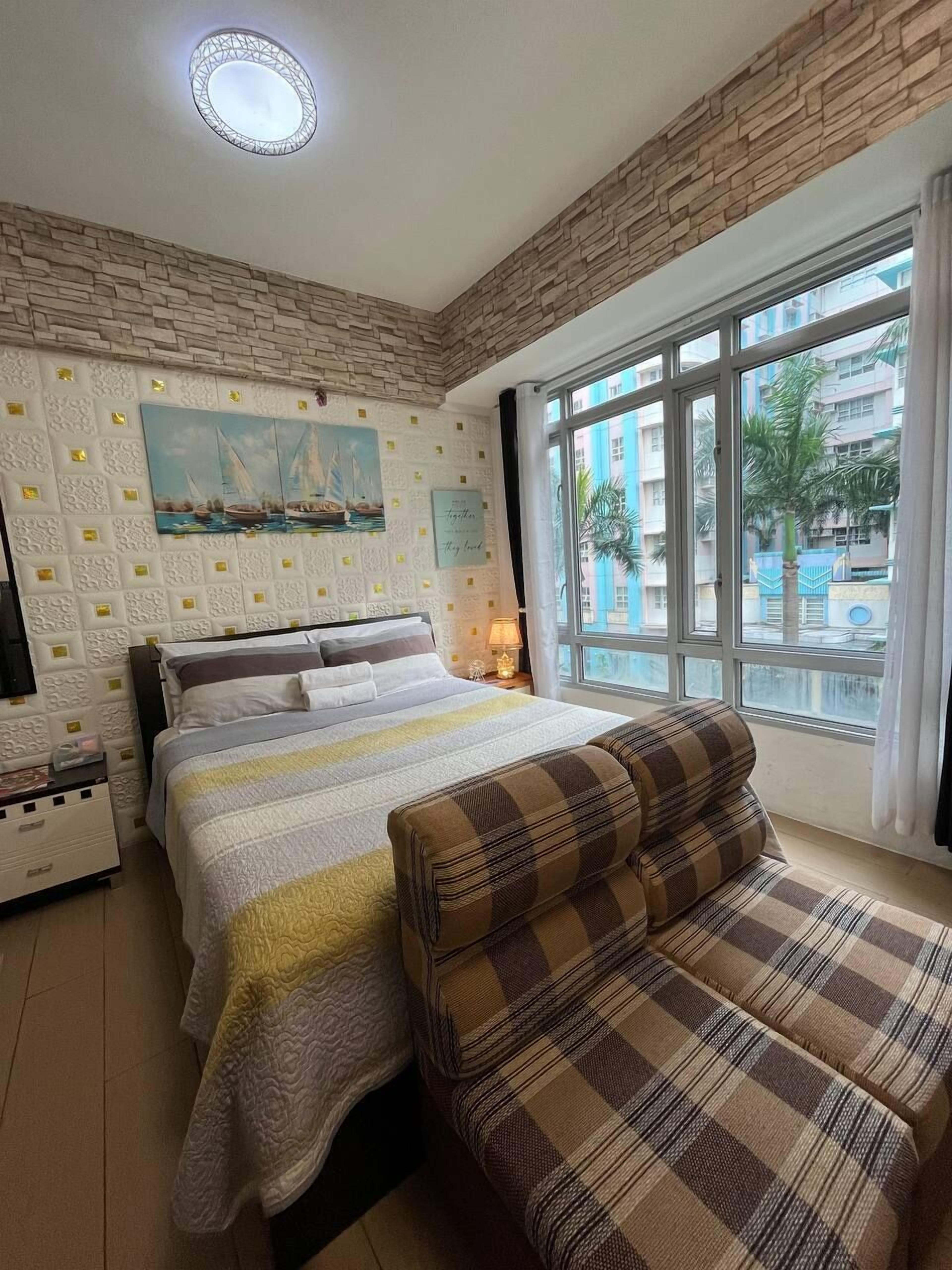 Desk, laptop workspace, blackout curtains, free WiFi