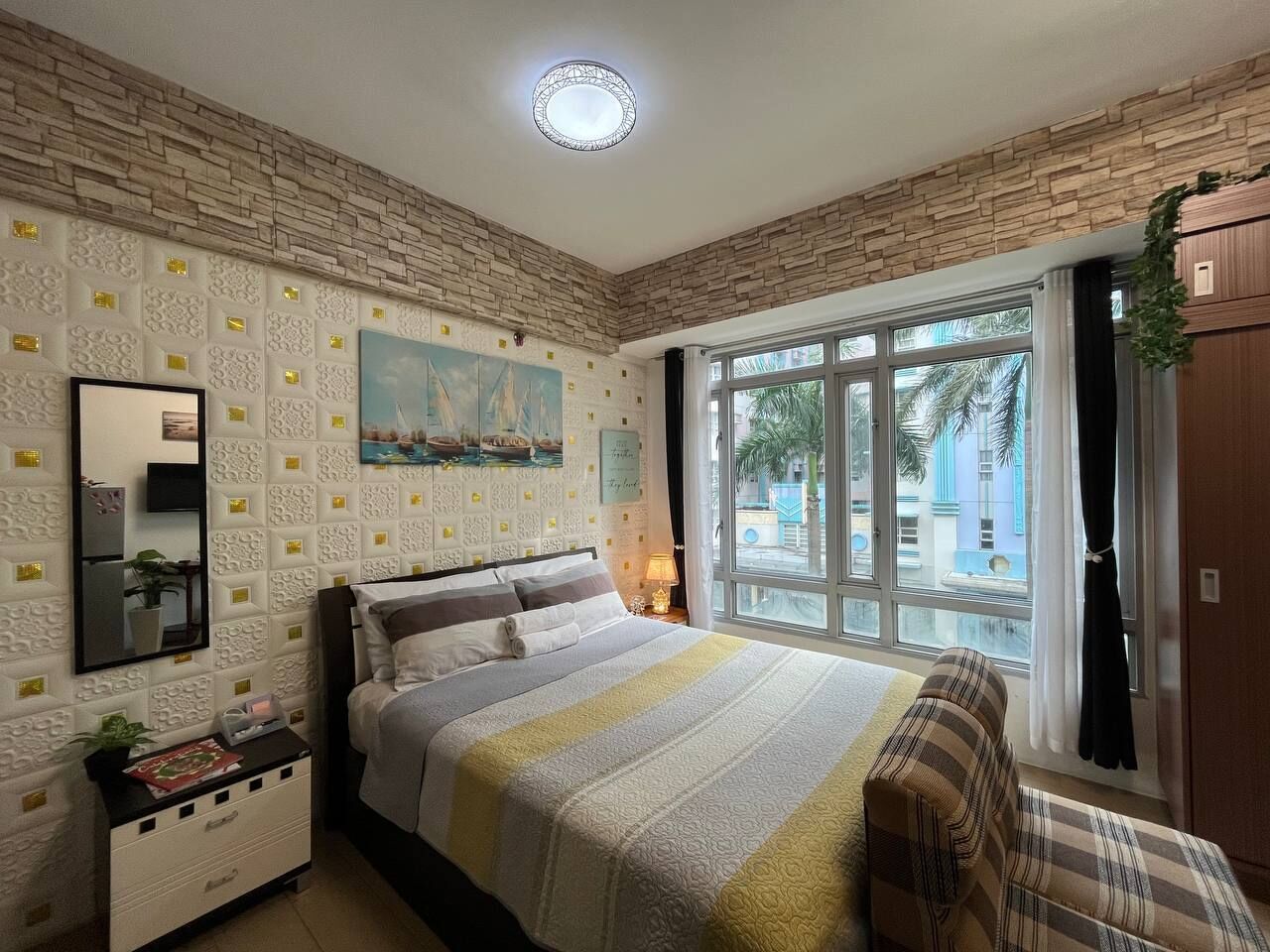 Desk, laptop workspace, blackout curtains, free WiFi