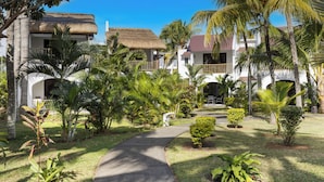 A resort with a paved walkway, palm trees, and buildings with thatched roofs.