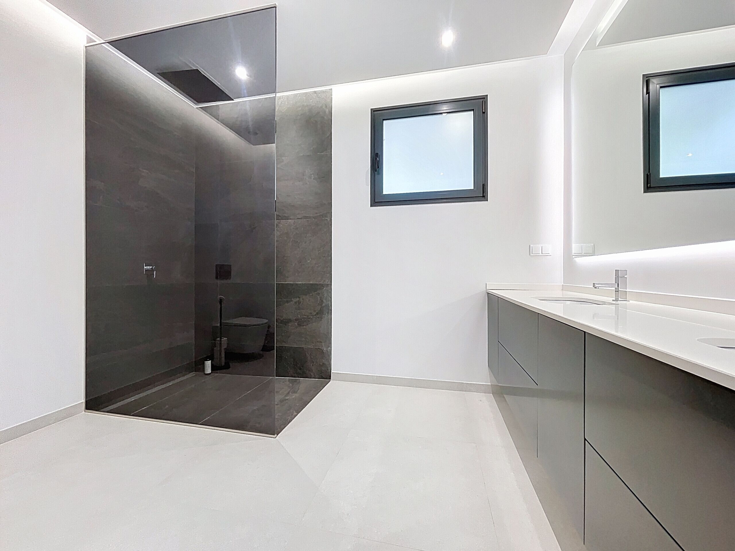 A modern bathroom with a glass-enclosed shower, a vanity with a mirror, and a toilet.