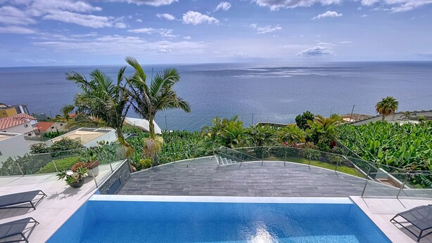 A swimming pool with a view of the sea, surrounded by greenery and palm trees. - Villa Zenha in Ribeira Brava (Ribeira Brava)
