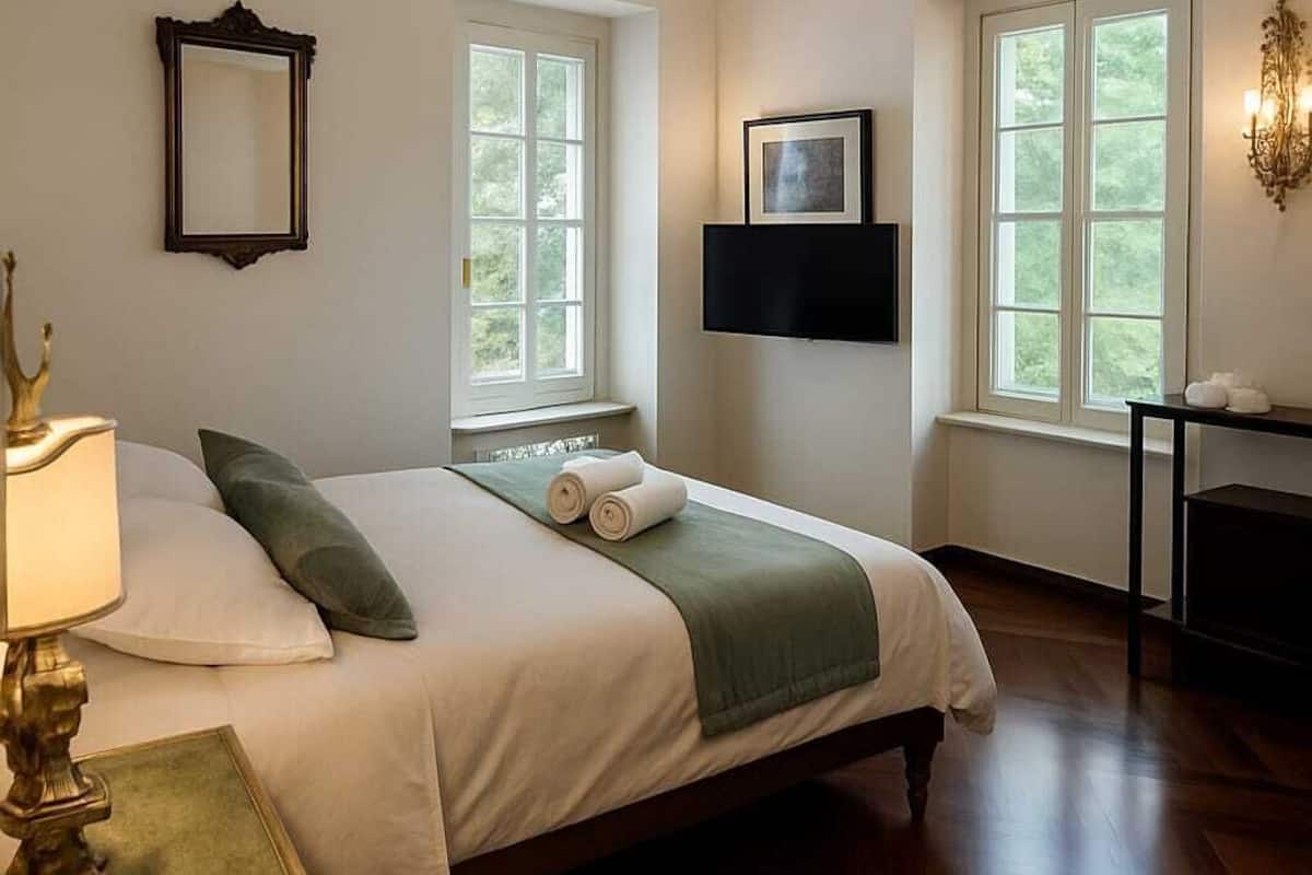 A bedroom with a bed, two windows, a wall-mounted TV, and a bedside table with a lamp.