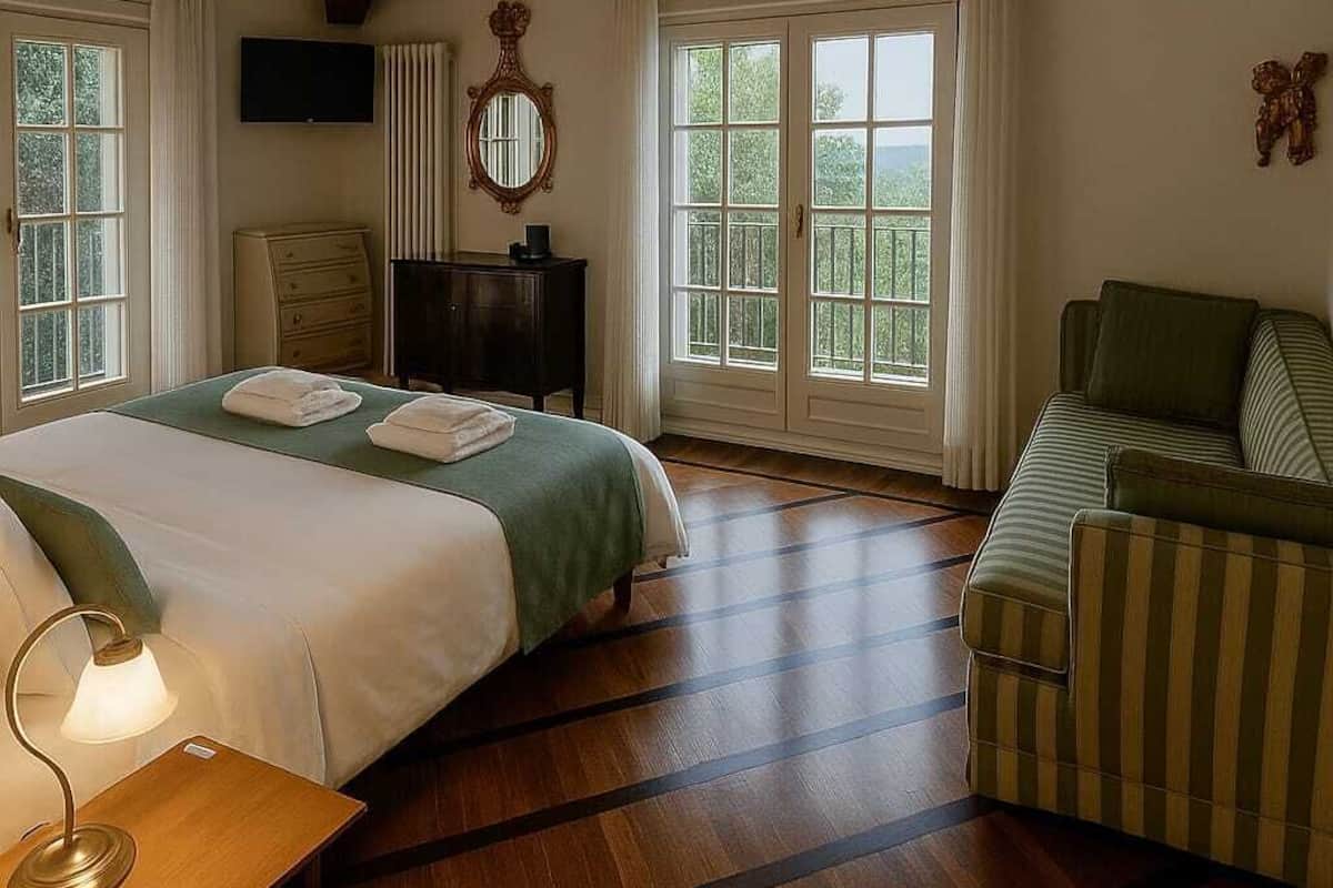 A bedroom with a large bed, a green armchair, a wooden floor, and a TV on the wall.