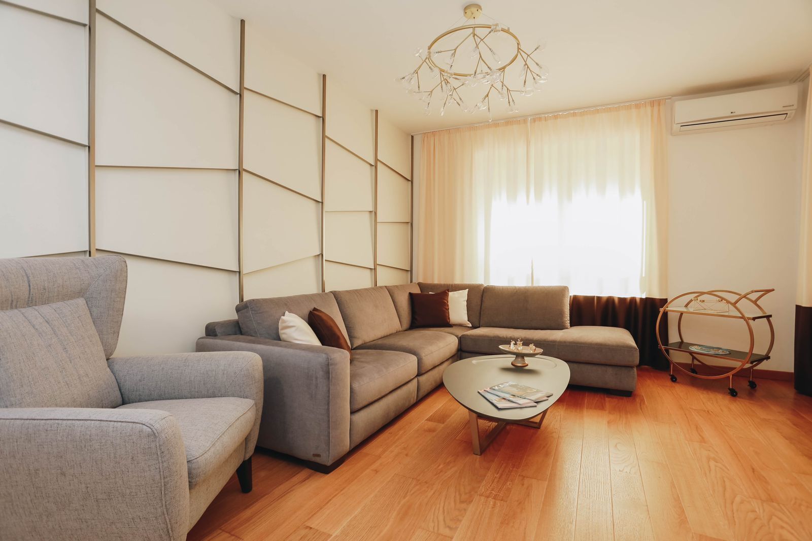 A modern living room with a grey sofa, a coffee table, and a decorative metal shelf.