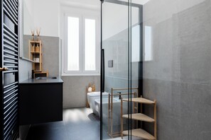 Shower, hair dryer, bidet, towels