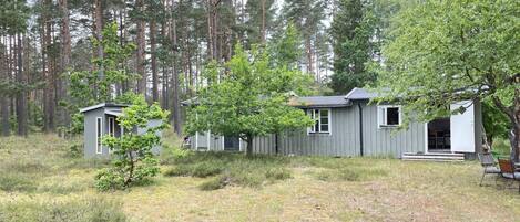 A cabin with a porch and a small deck, surrounded by a forest.