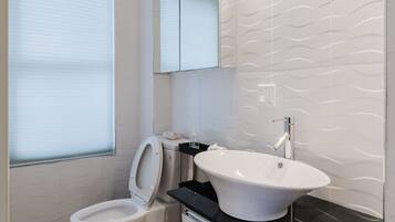 A modern bathroom with a toilet, sink, and mirror.