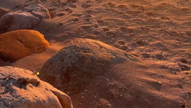 A beach with rocks and the sun setting over the ocean.