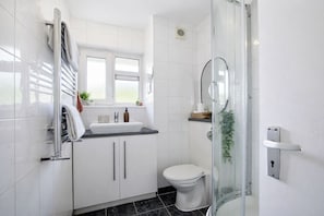 A modern bathroom with a glass shower enclosure, a white toilet, and a vanity with a sink.