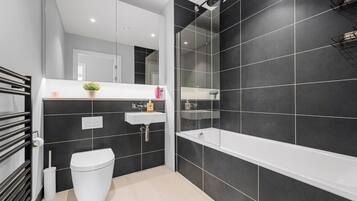 Hair dryer, towels, soap, shampoo