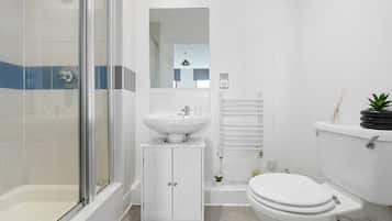 Hair dryer, towels, soap, toilet paper