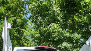 A white van with an open back, revealing a cargo area with a black fabric cover.