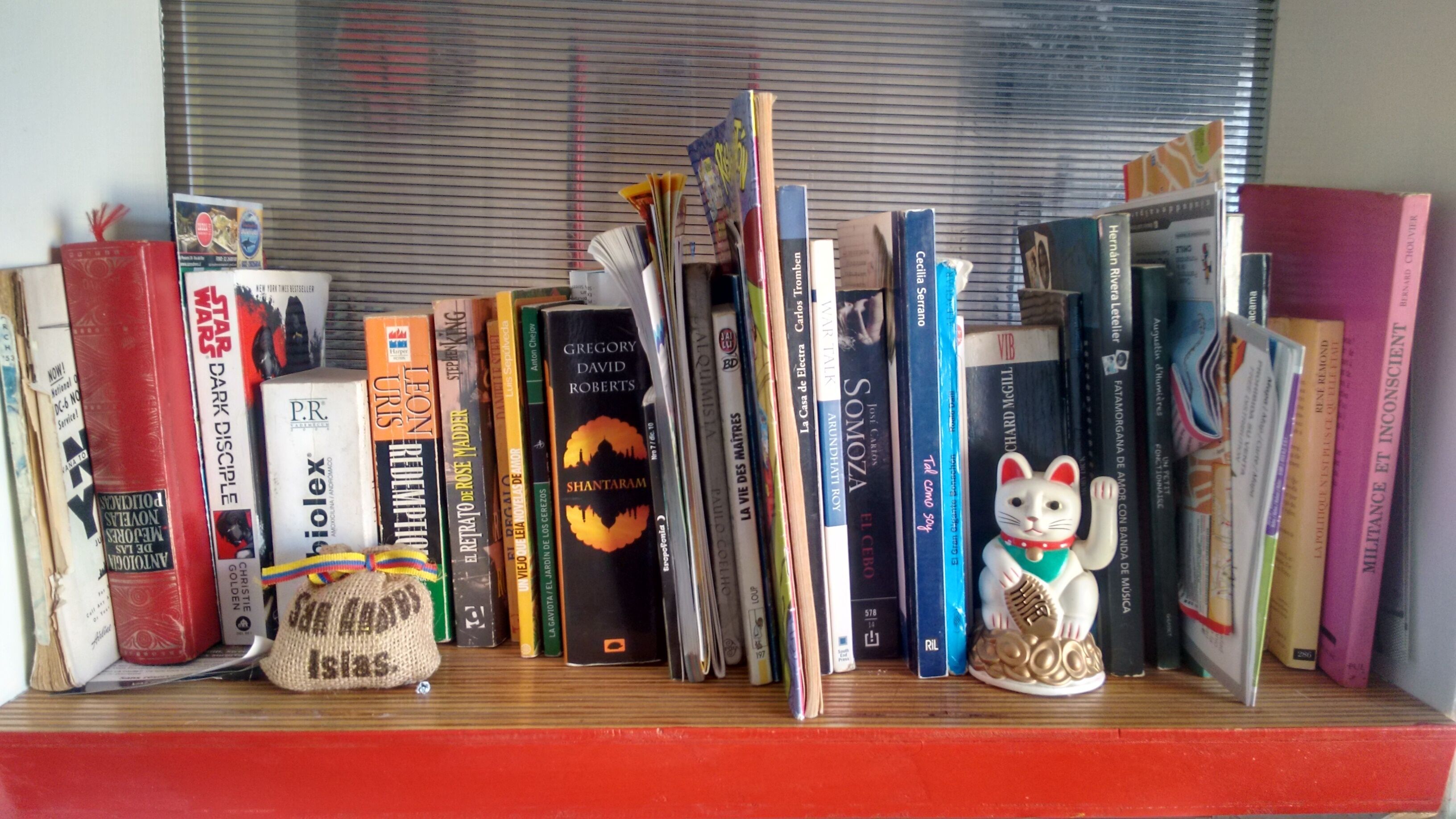 Una estantería con varios libros y una figurita.