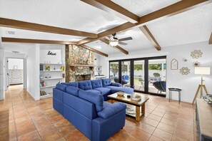 Smart TV, fireplace, table tennis, books
