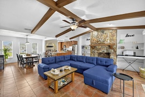 Smart TV, fireplace, table tennis, books