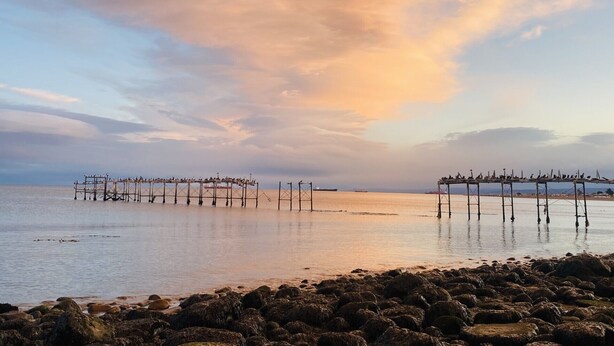 A coastal scene with two wooden piers extending into calm waters, surrounded by a rocky shoreline. - Hostel Gran Via (Punta Arenas)