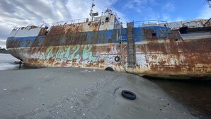A large, rusted ship on a sandy beach with a clear sky in the background. - Hostel Gran Via (Punta Arenas)
