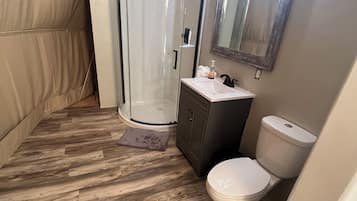 Hair dryer, towels, soap, toilet paper