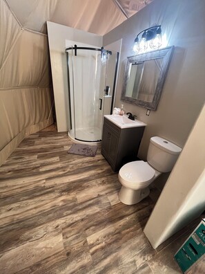 Hair dryer, towels, soap, toilet paper