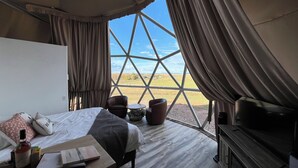 A tented room with a bed, a desk with a bottle, a chair, and a view of the landscape. - WYnDome - Glamping Dome in Beulah, WY (Beulah)