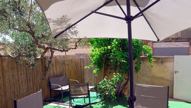 A patio area with a covered seating area, a bamboo fence, and a small tree.