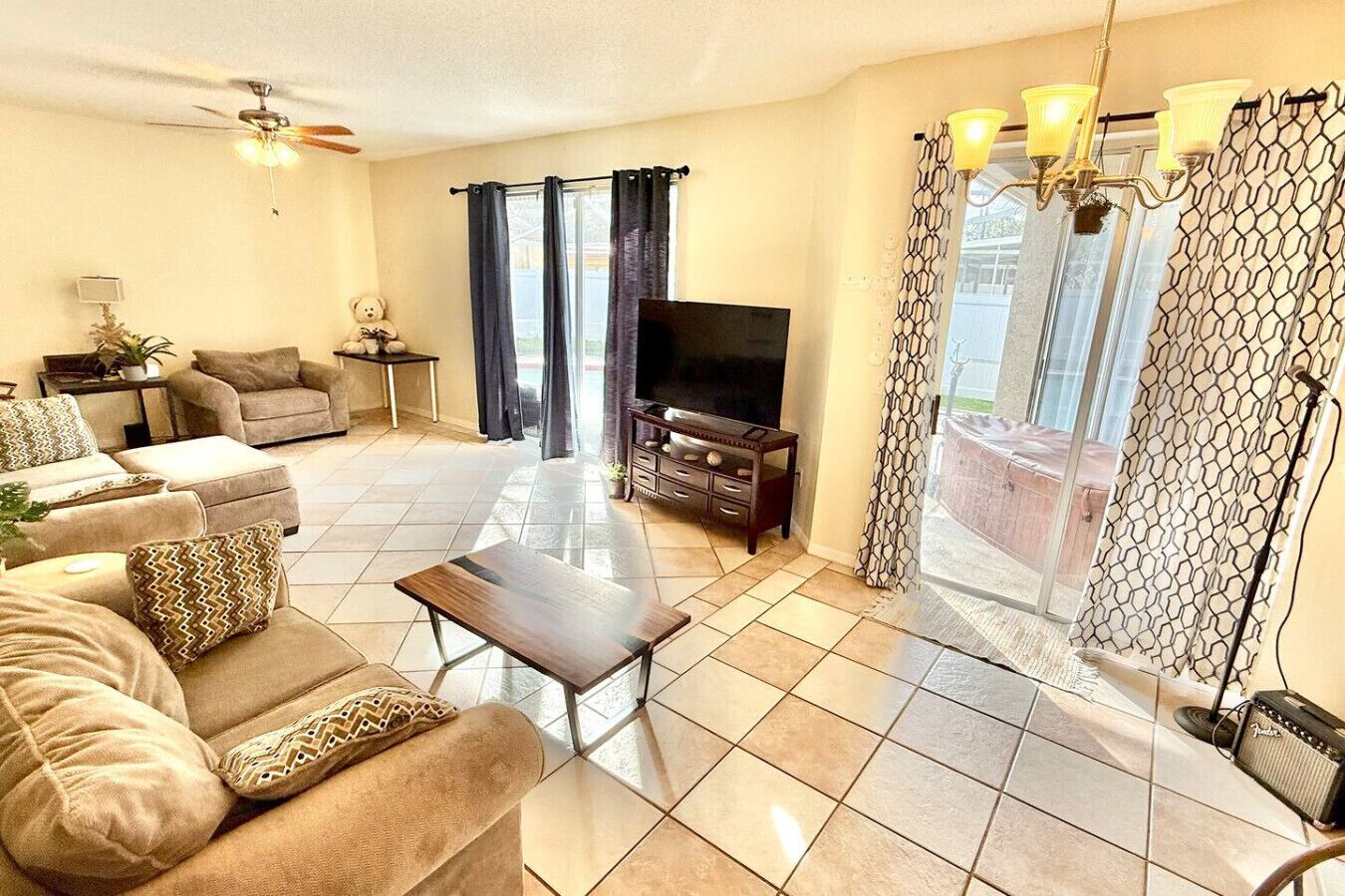 TV, fireplace, books