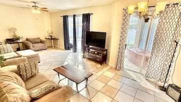 TV, fireplace, books