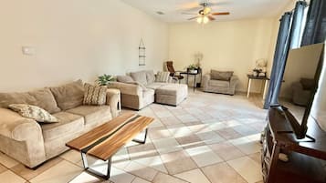 TV, fireplace, books