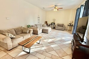 TV, fireplace, books