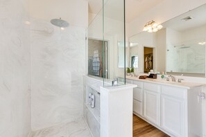 Hair dryer, towels, soap, shampoo
