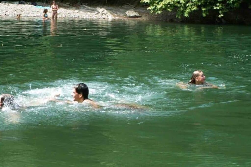 A natural pool with clear water, surrounded by greenery and rocks.