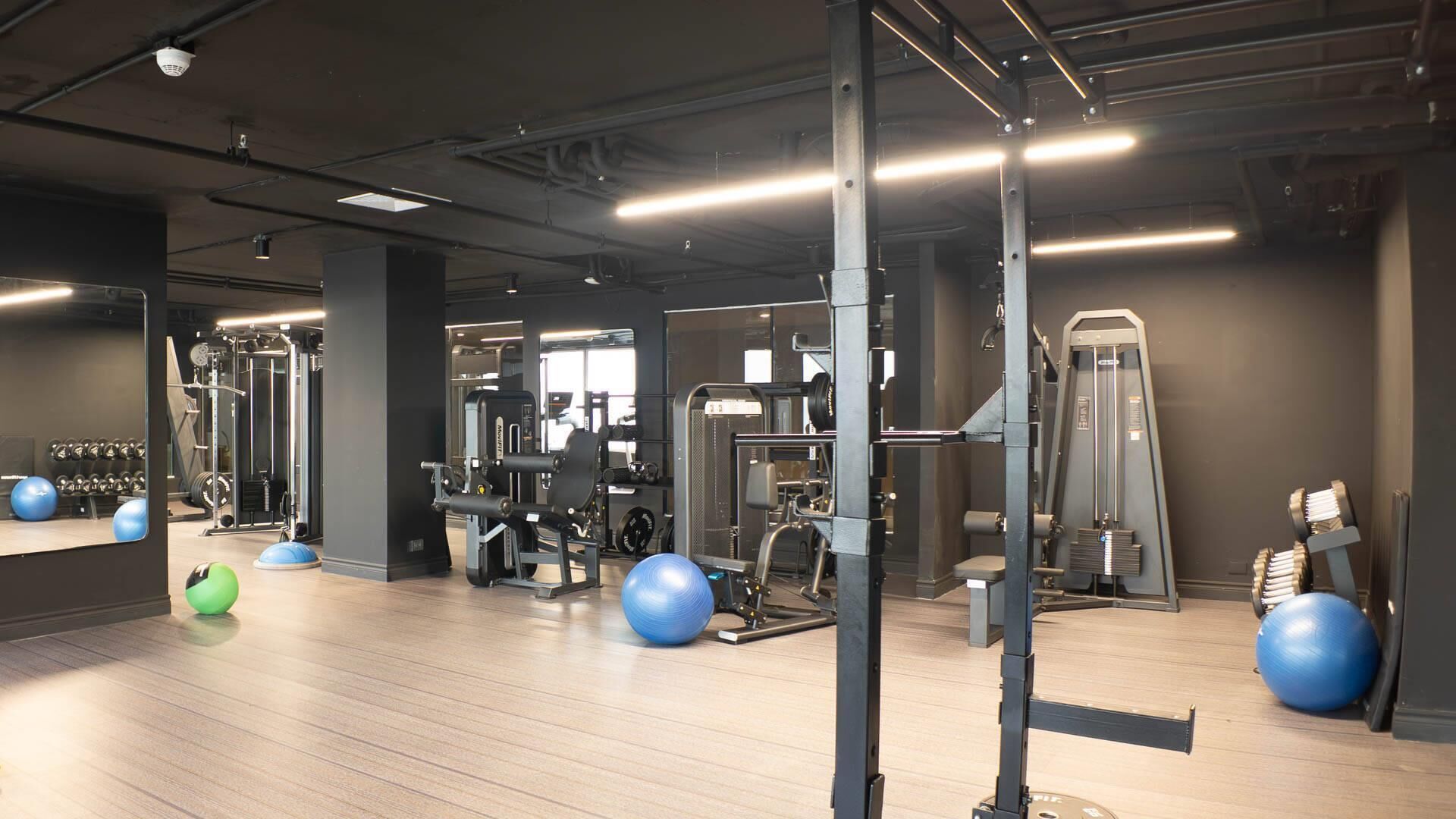 A gym with exercise equipment, a mirror, and exercise balls.