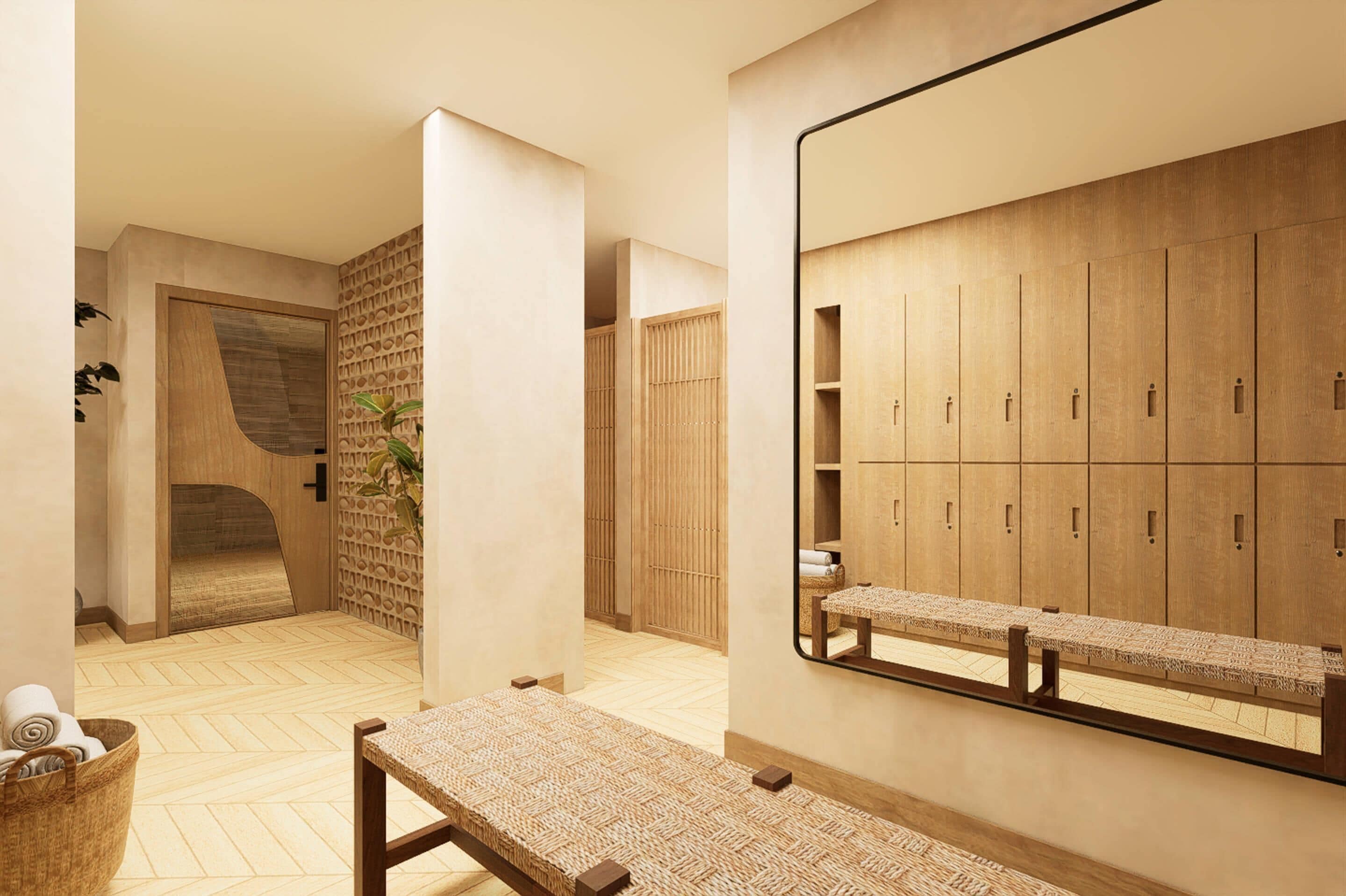 Een moderne badkamer met een grote spiegel, houten opbergkasten, een bankje en een geweven vloermat.