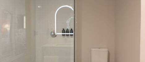 A modern bathroom with a glass shower enclosure, a white toilet, and a mirror above the sink.