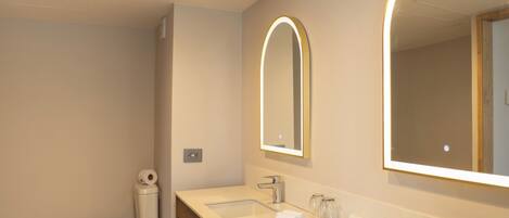 A bathroom with a toilet, two sinks, a mirror, and a shower area.