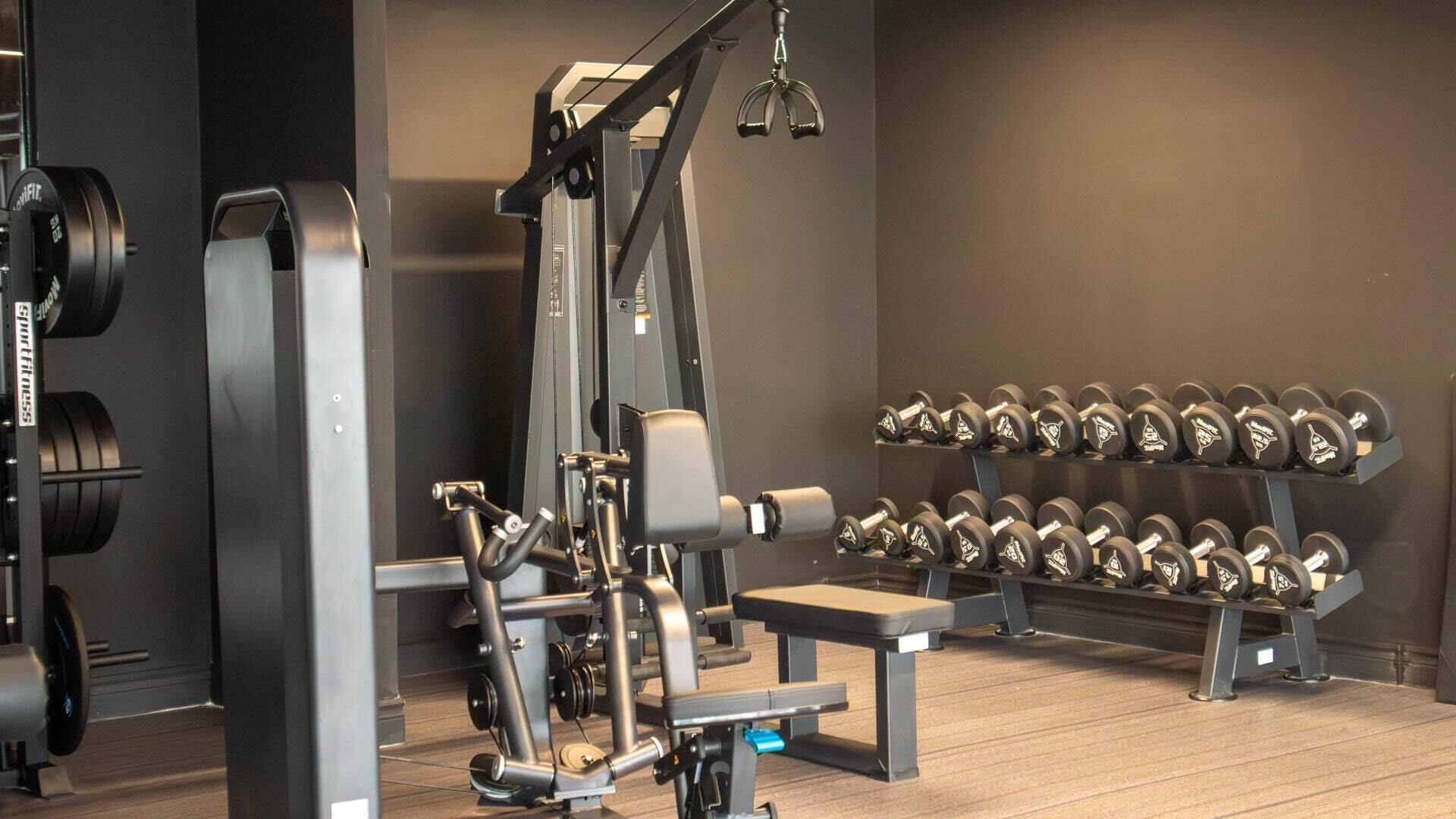 A gym with weightlifting equipment, dumbbells, and a bench.