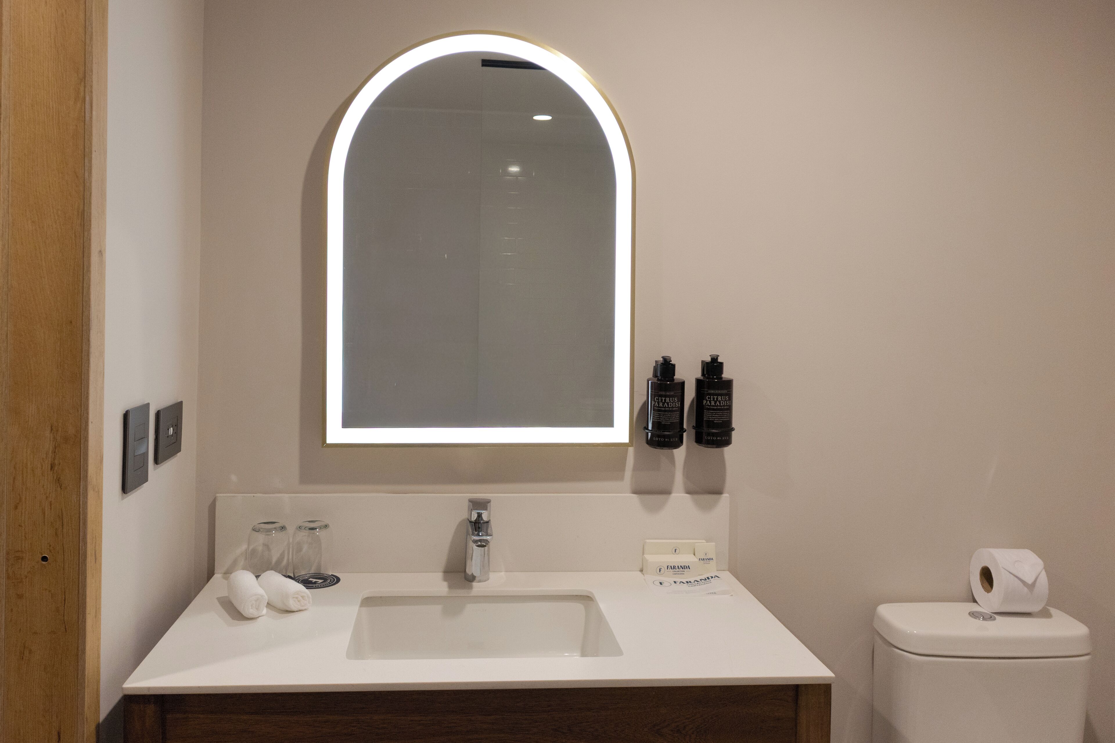 A modern bathroom with a white sink, a mirror with an arch top, and toiletries on the wall.