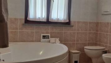 Shower, jetted tub, hair dryer, bidet