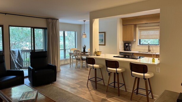 Un appartement moderne comprenant un salon, un coin repas et une cuisine.