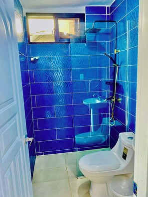 Shower, towels, soap, toilet paper