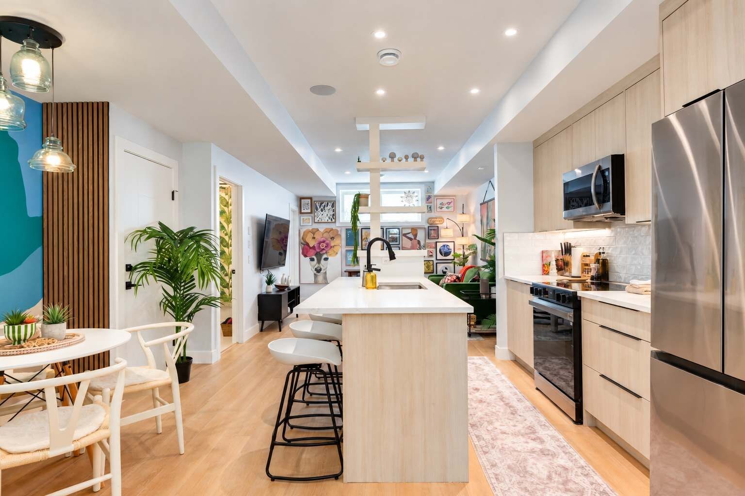 Een moderne keuken met een centraal eiland, roestvrijstalen apparatuur en een eetgedeelte met witte stoelen.