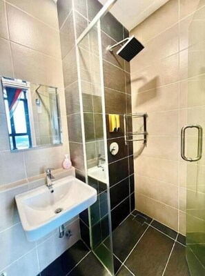 Hair dryer, towels, soap, toilet paper