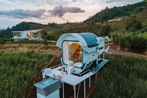 A modern, dome-shaped structure with a glass entrance, situated in a lush, green landscape.